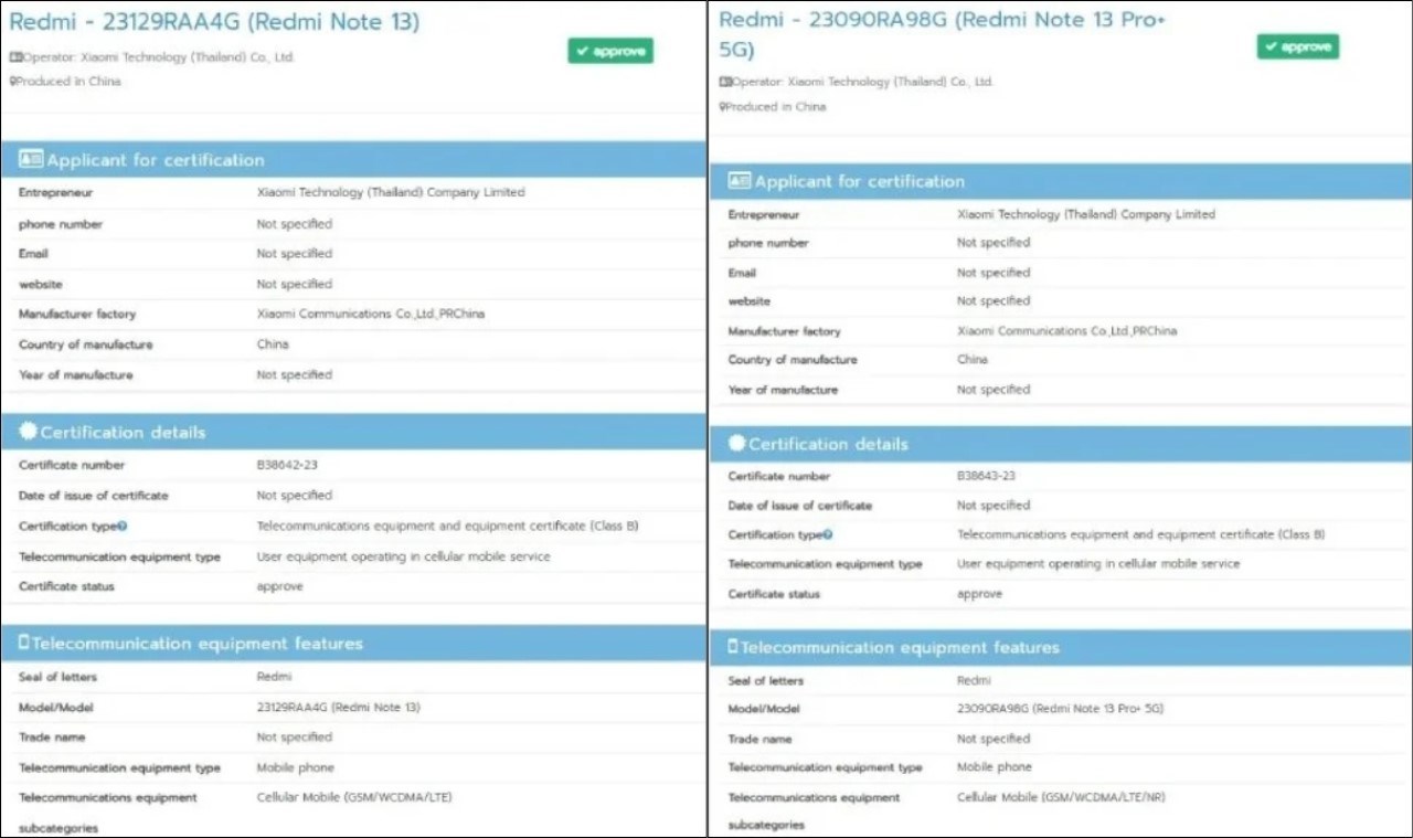 Thông tin về Redmi Note 13 4G và Redmi Note 13 Pro+ 5G trên NBTC Thông tin về Redmi Note 13 4G và Redmi Note 13 Pro+ 5G trên NBTC