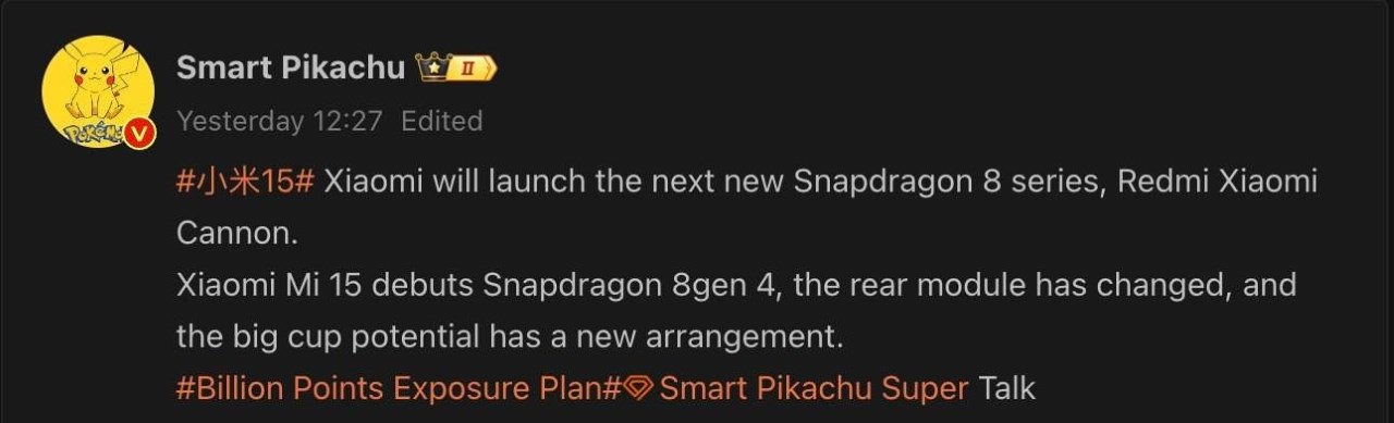 Smart Pikachu tiết lộ về Xiaomi 15 Series trên Weibo Smart Pikachu tiết lộ về Xiaomi 15 Series trên Weibo