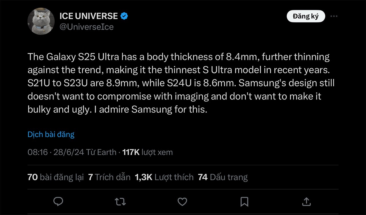 Ice Universe cũng cho rằng S25 Ultra sẽ có độ mỏng đáng kể Ice Universe cũng cho rằng S25 Ultra sẽ có độ mỏng đáng kể