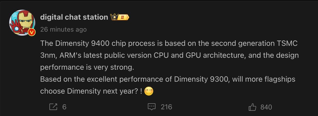 Chia sẻ của Digital Chat Station về Dimensity 9400