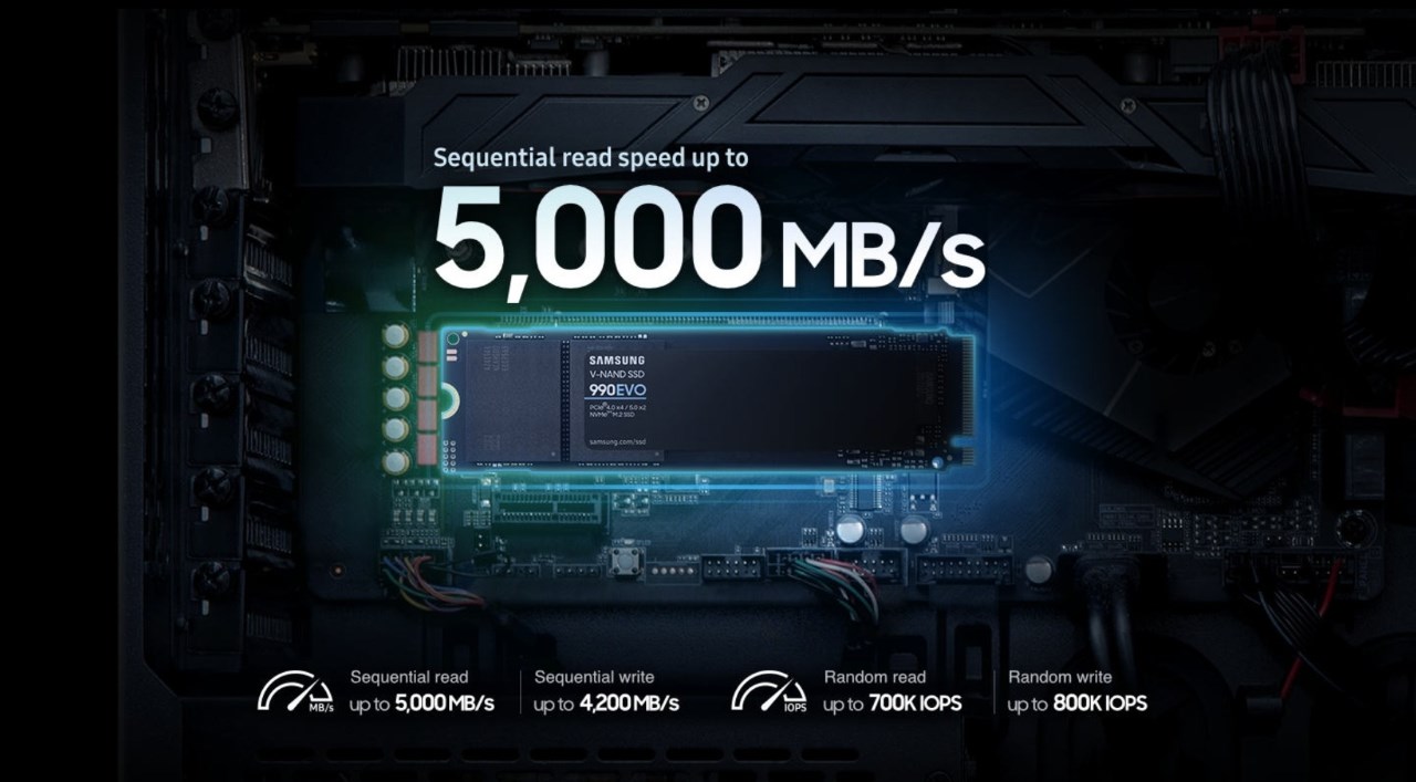 Ổ cứng SSD 990 EVO có tốc độ đọc và ghi là 5.000 MB/s và 4.200 MB/s Ổ cứng SSD 990 EVO có tốc độ đọc và ghi là 5.000 MB/s và 4.200 MB/s