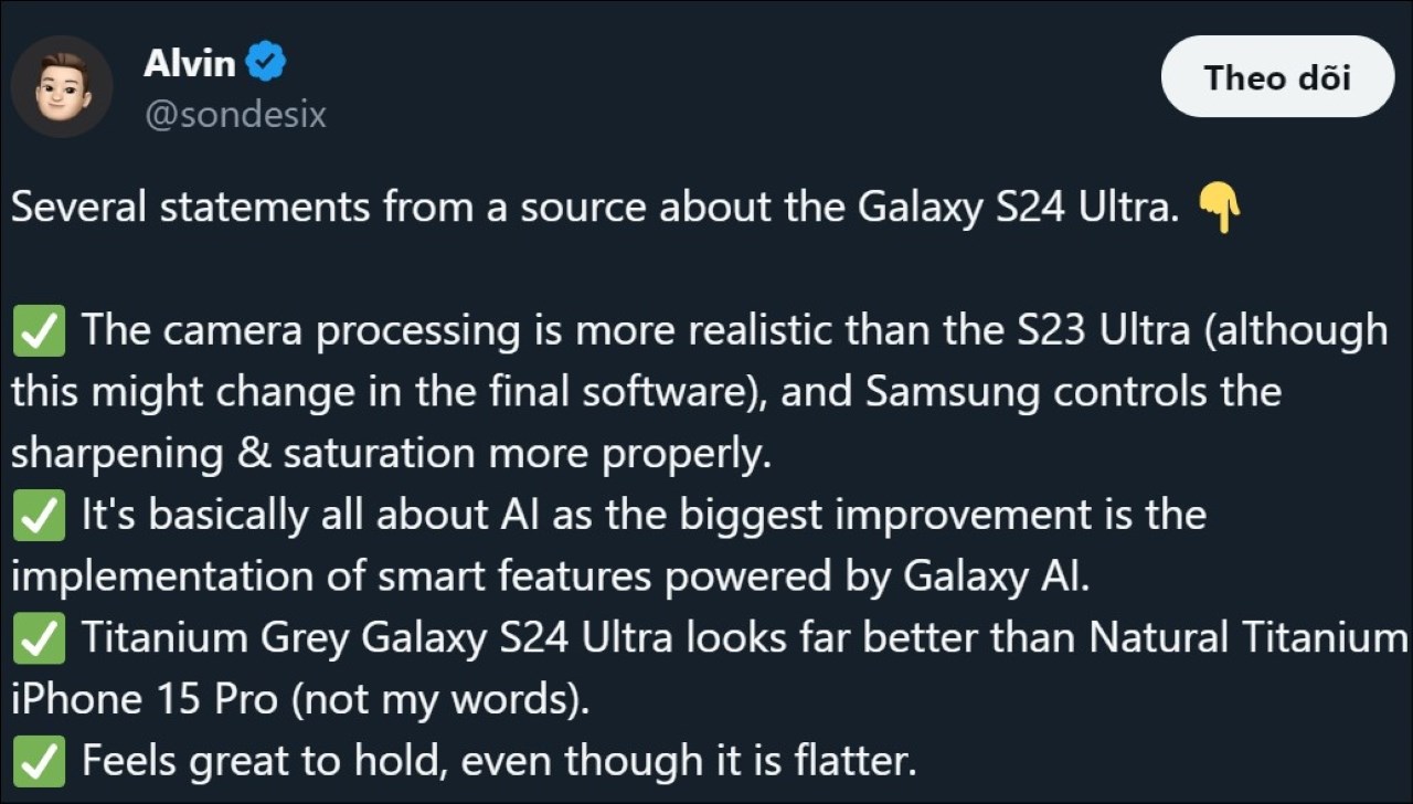 Leaker Alvin tiết lộ một số cải tiến mới trên Galaxy S24 Ultra Leaker Alvin tiết lộ một số cải tiến mới trên Galaxy S24 Ultra