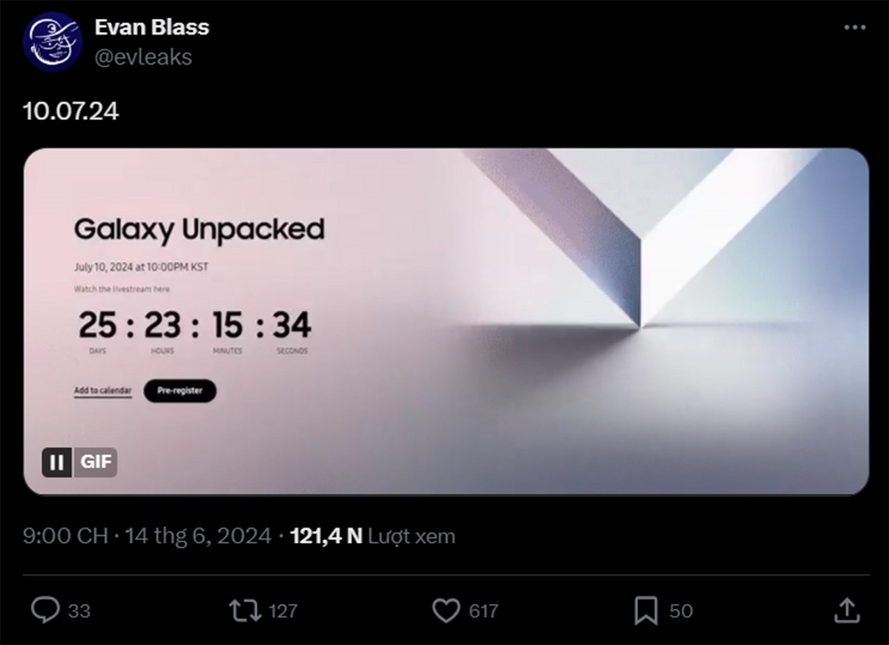 Leaker Evan Blass đã đăng tải đoạn video thời gian đếm ngược về ngày diễn ra sự kiện Unpacked 2024 Leaker Evan Blass đã đăng tải đoạn video thời gian đếm ngược về ngày diễn ra sự kiện Unpacked 2024