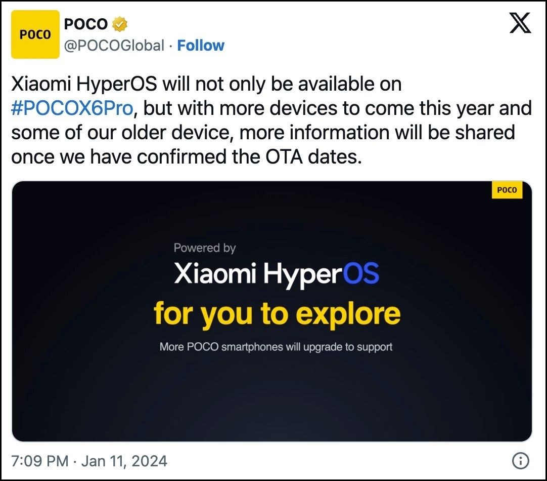 Bài đăng của tài khoản POCO trên X xác nhận HyperOS sẽ Bài đăng của tài khoản POCO trên X xác nhận HyperOS sẽ