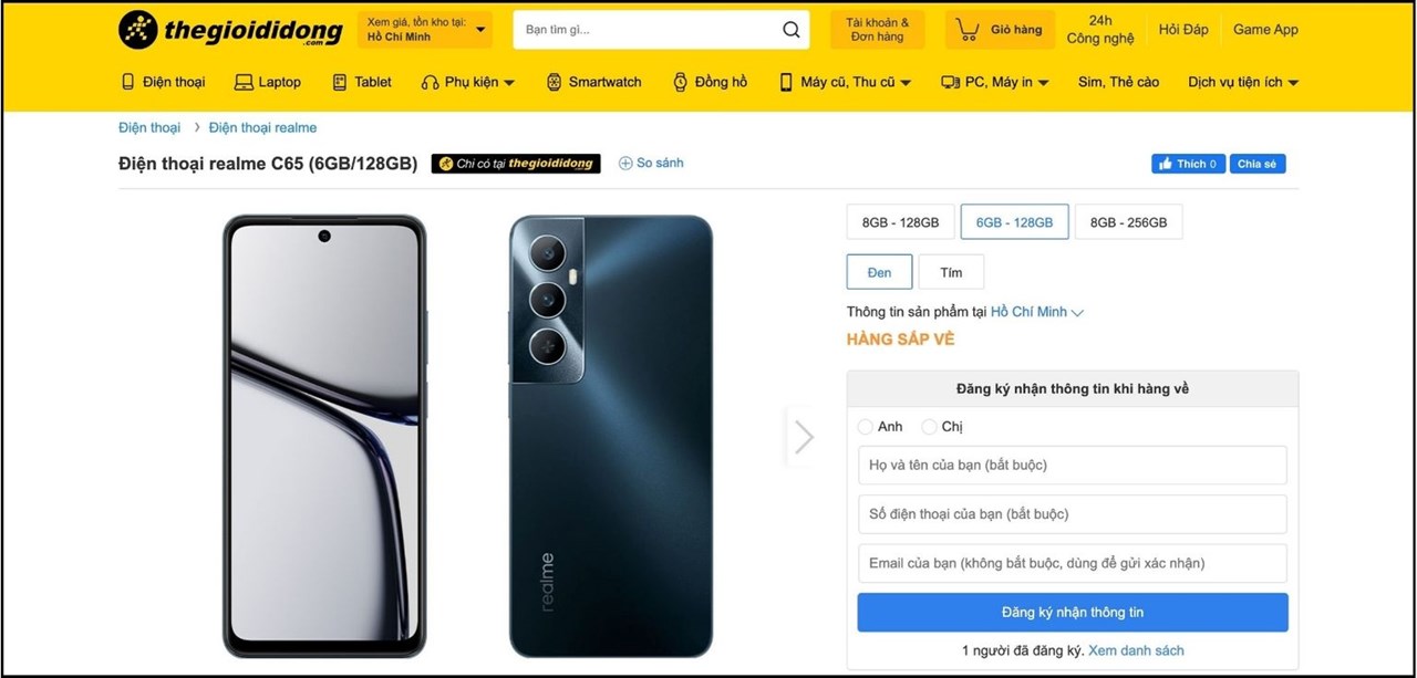 Trên trang Thế Giới Di Động, realme C65 đã được thay đổi trạng thái thành hàng sắp về Trên trang Thế Giới Di Động, realme C65 đã được thay đổi trạng thái thành hàng sắp về