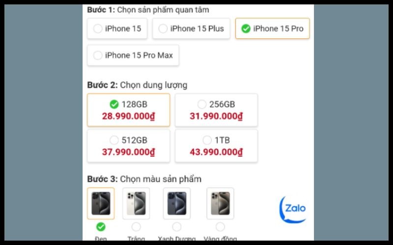 Chọn vào mẫu máy mà bạn quan tâm và chọn dung lượng, màu sắc