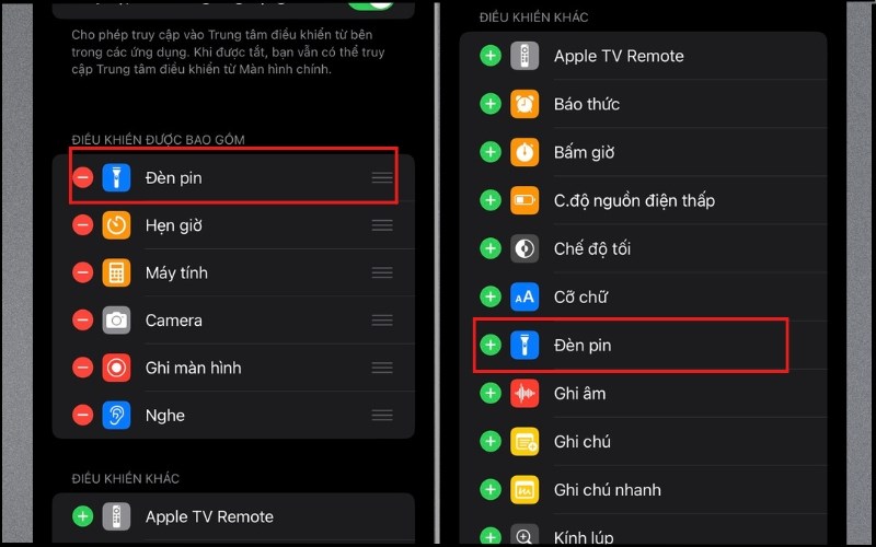 Người dùng gỡ đèn pin khỏi Trung tâm điều khiển Người dùng gỡ đèn pin khỏi Trung tâm điều khiển