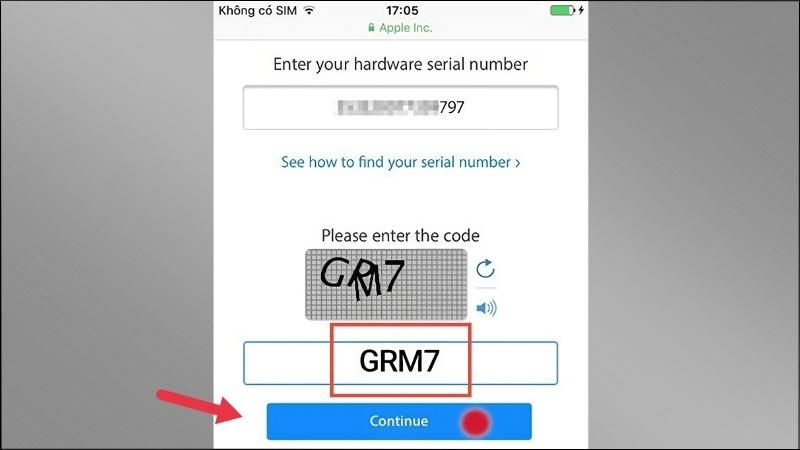 Nhập mã IMEI vào ô trống > Chọn Continue Nhập mã IMEI vào ô trống > Chọn Continue