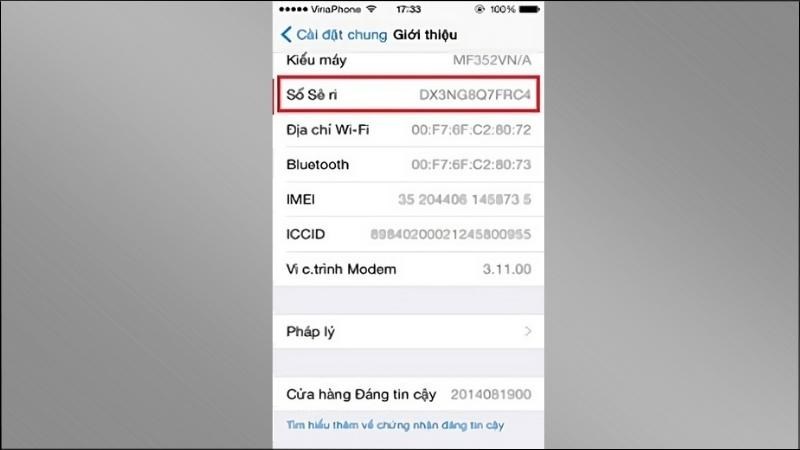 Cuộn thanh menu để kéo xuống phần Số Seri (Serial number) để xem Cuộn thanh menu xuống phần Số Seri (Serial number) để xem