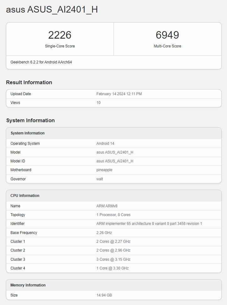 Rò rỉ điểm chuẩn trên Geekbench của ASUS Zenfone 11 Ultra Rò rỉ điểm chuẩn trên Geekbench của ASUS Zenfone 11 Ultra