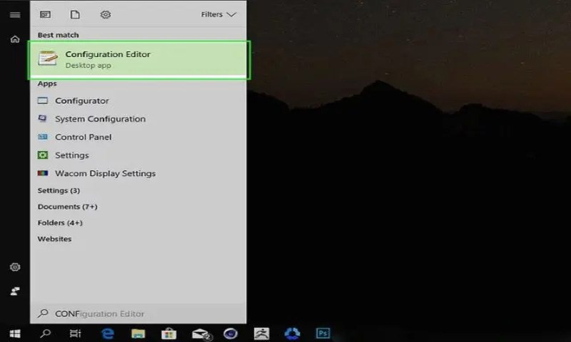 Mở Configuration Editor trong mục tìm kiếm