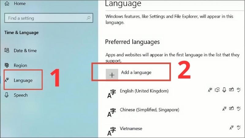 Chọn Language > Chọn Add a language Chọn Language > Chọn Add a language
