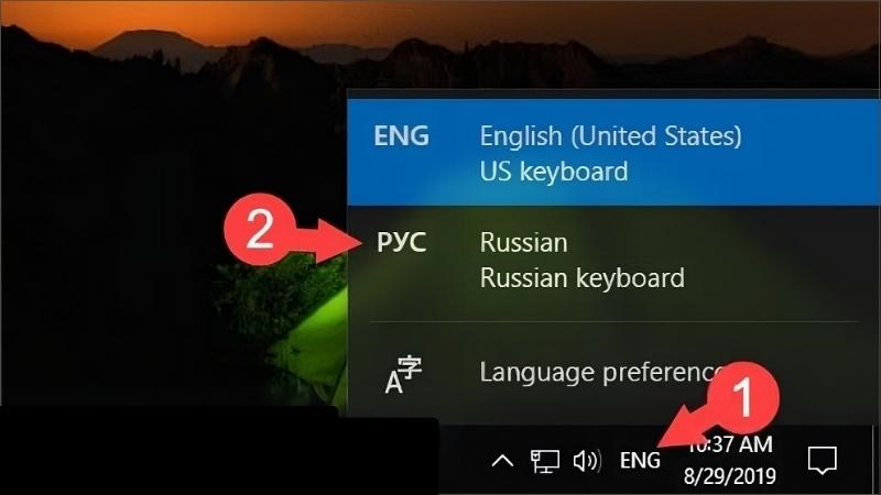 Click vào ô tùy chọn ngôn ngữ ở khay hệ thống và chọn Russian keyboard Click vào ô tùy chọn ngôn ngữ ở khay hệ thống và chọn Russian keyboard