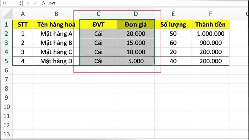 Bôi đen cột hoặc các cột bạn muốn thêm