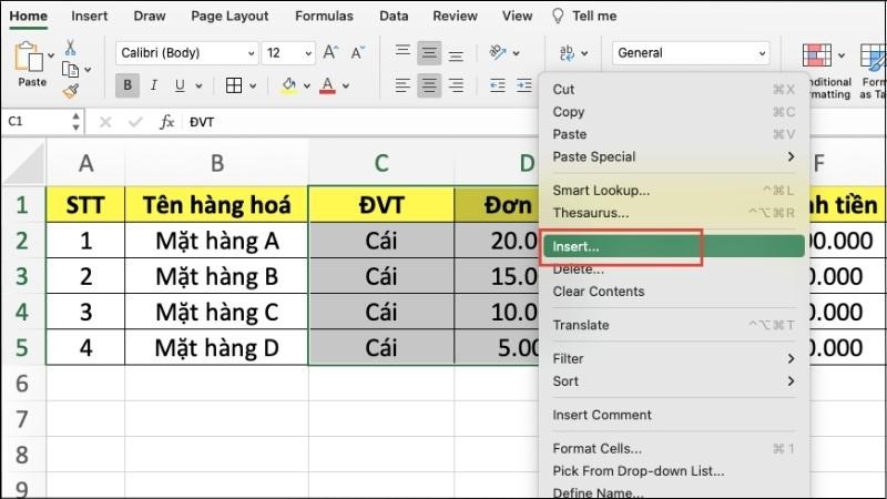 Nhấp chuột phải > Chọn Insert