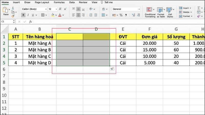 Cột hoặc các cột mới sẽ xuất hiện