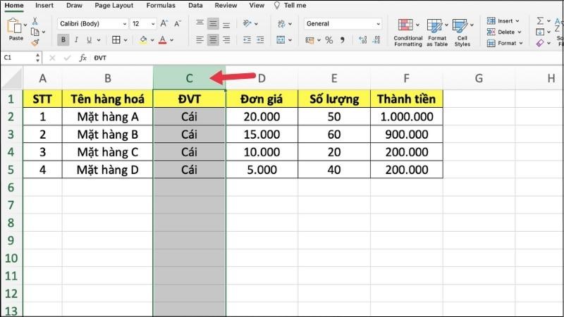 Chọn cột muốn xoá bằng cách nhấn vào tên cột