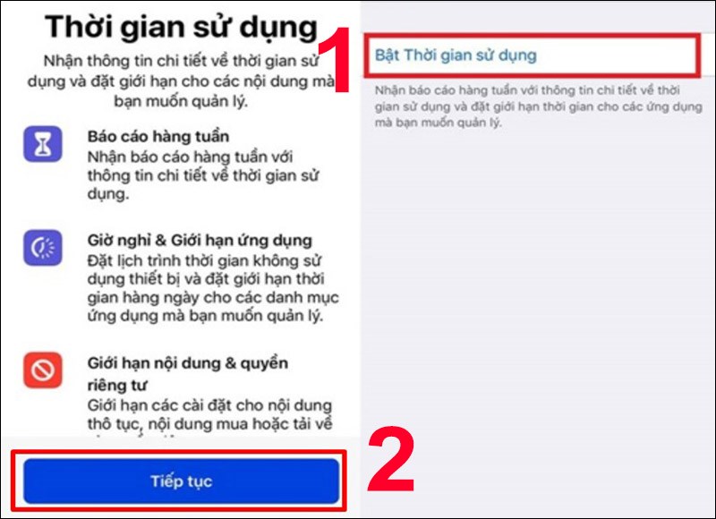 Chạm vào Bật thời gian sử dụng