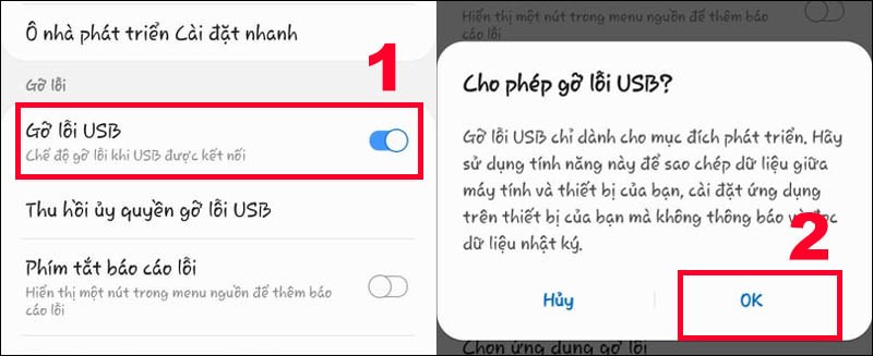 Chọn Cài đặt cho người phát triển Chọn Cài đặt cho người phát triển