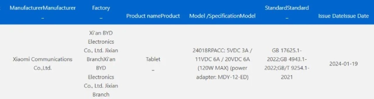 Thông tin về Xiaomi Pad 7 Pro trên 3C Thông tin về Xiaomi Pad 7 Pro trên 3C