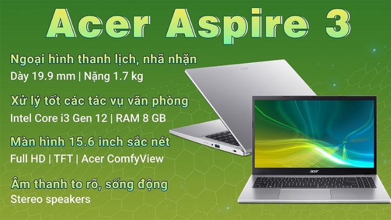 Laptop Acer Aspire được trang bị bộ vi xử lý Intel Core i3 1215U 