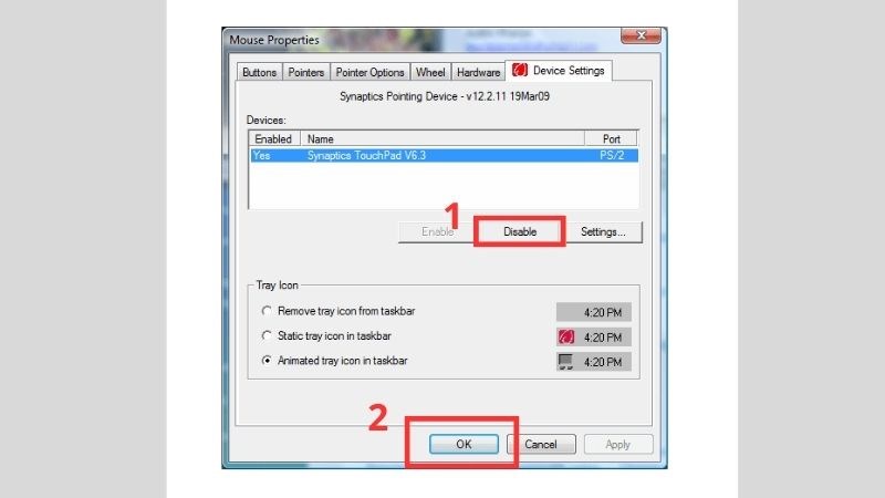 Chọn tab Device Settings trong cửa sổ Mouse Properties