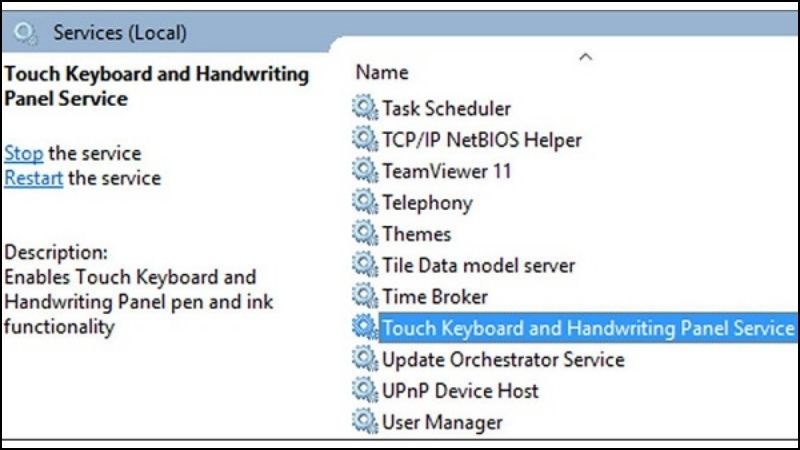 Tìm tùy chọn Touch Keyboard and Handwriting Panel Service trong bảng Menu Services