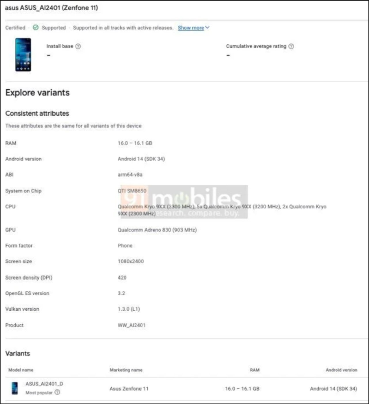 Thông tin về ASUS Zenfone 11 trên Google Play Console