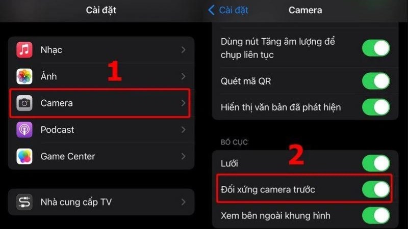 Bạn vào Cài đặt > chọn Camera > chọn Đối xứng camera trước