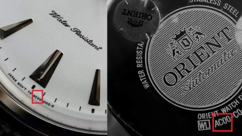 Đồng hồ Orient được in mã hiệu tại vị trí 6h trên mặt số Đồng hồ Orient được in mã hiệu tại vị trí 6h trên mặt số và mặt sau