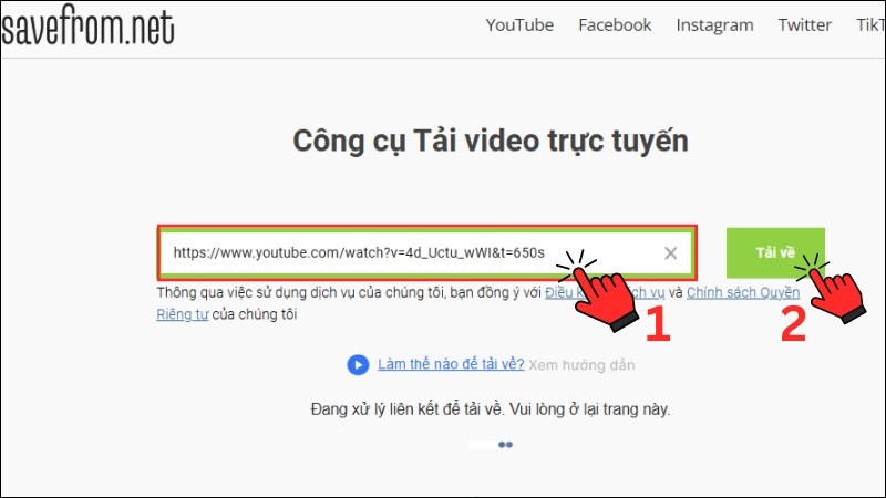 Dán link video vào khung URL trên Savefrom.net