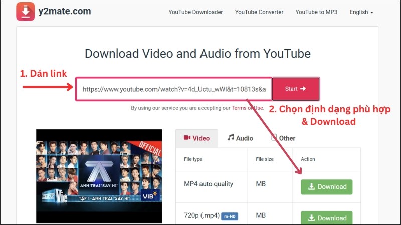 Dán link video vào khung URL trên Y2mate.com