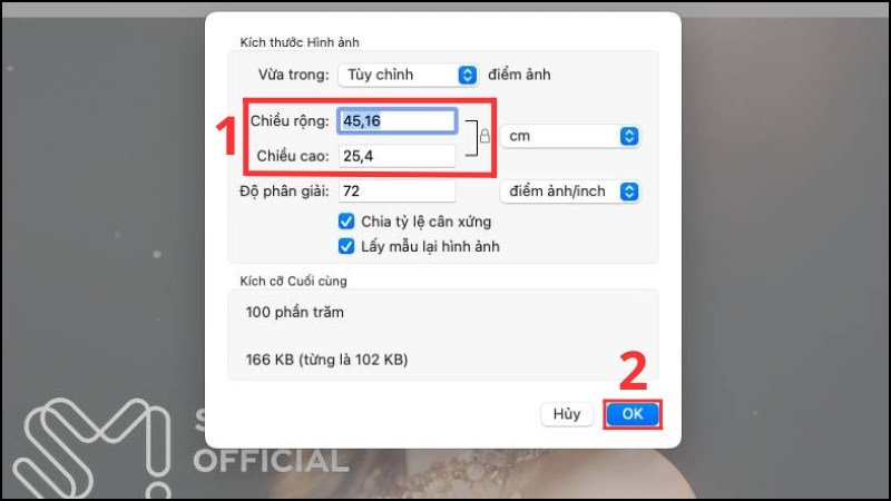 Chọn Resize > Nhập số để chỉnh kích thước > Nhấn OK > Mở Finder để xem ảnh đã được resize