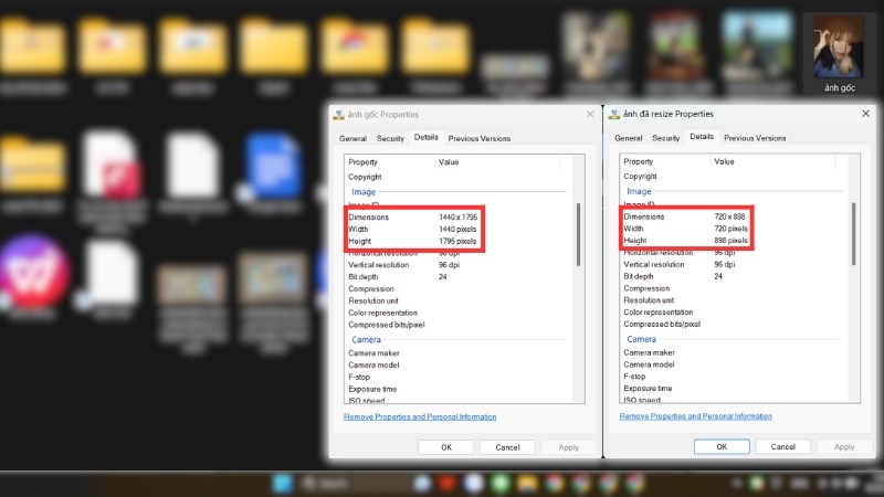 Thông số kích thước của hai ảnh trước và sau resize được thể hiện ở mục Properties