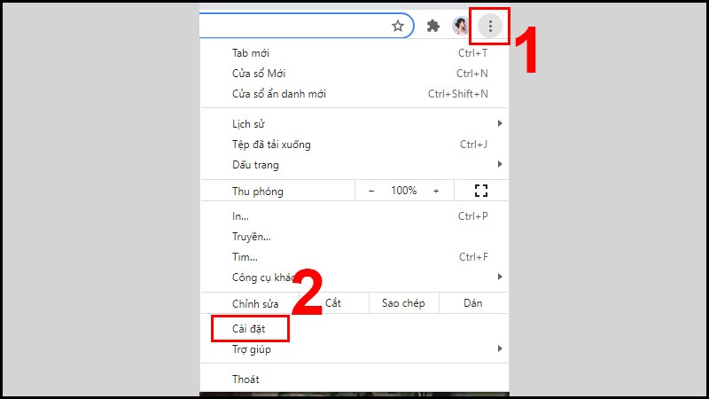 Mở Google Chrome > Chọn biểu tượng 3 chấm dọc > Chọn Cài đặt 