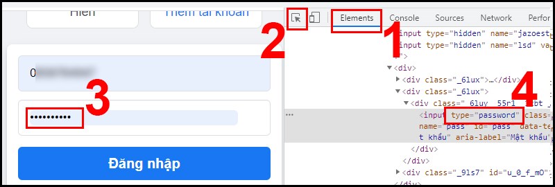 Chọn vào ô mật khẩu > Chú ý mục type=password