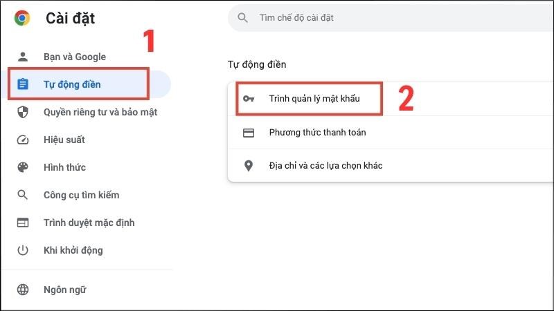 Nhấp vào Xem thêm > Cài đặt > Tự động điền > Trình quản lý mật khẩu