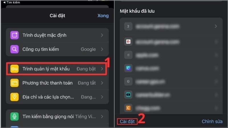 Nhấn chọn biểu tượng Trình quản lý mật khẩu > Nhấn vào Cài đặt 