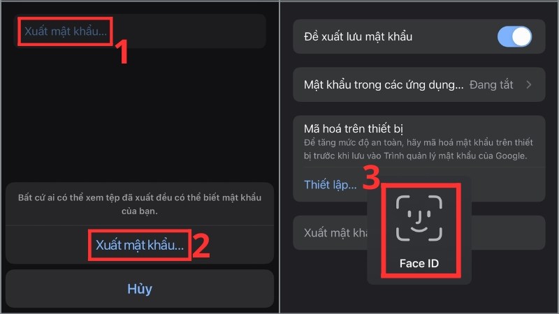 Xuất mật khẩu và xác nhận FaceID