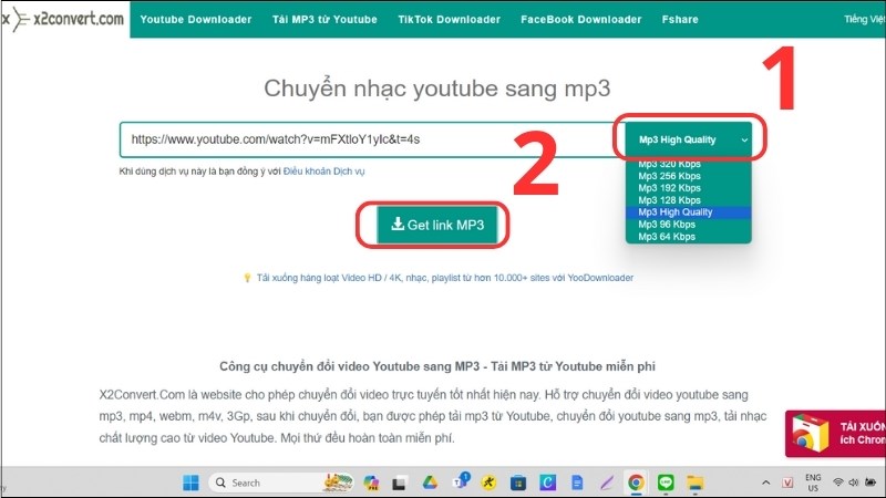 Tiếp tục với bước chọn định dạng MP3 và sau đó nhấn Get link MP3