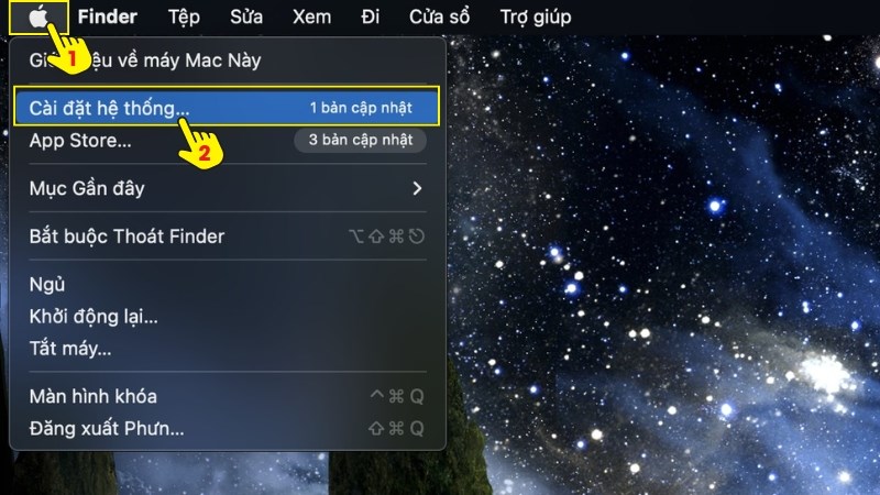 Chọn logo Apple góc trái trên > Mở Cài đặt hệ thống (System Settings)