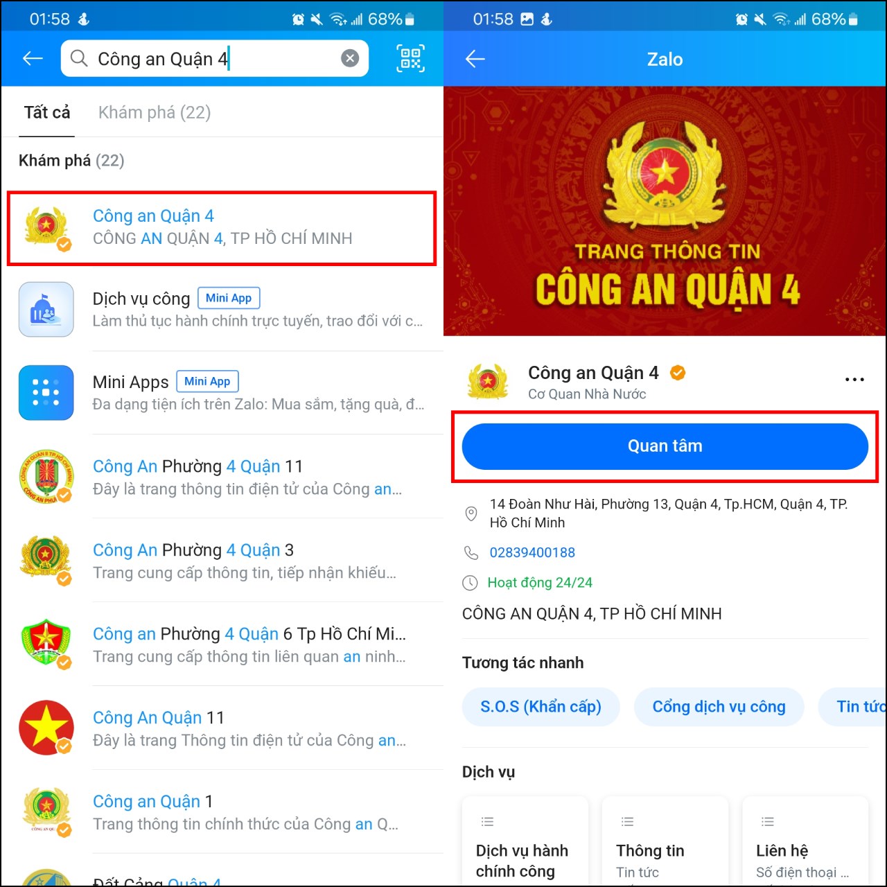 Cách tra cứu số điện thoại công an phường trên Zalo