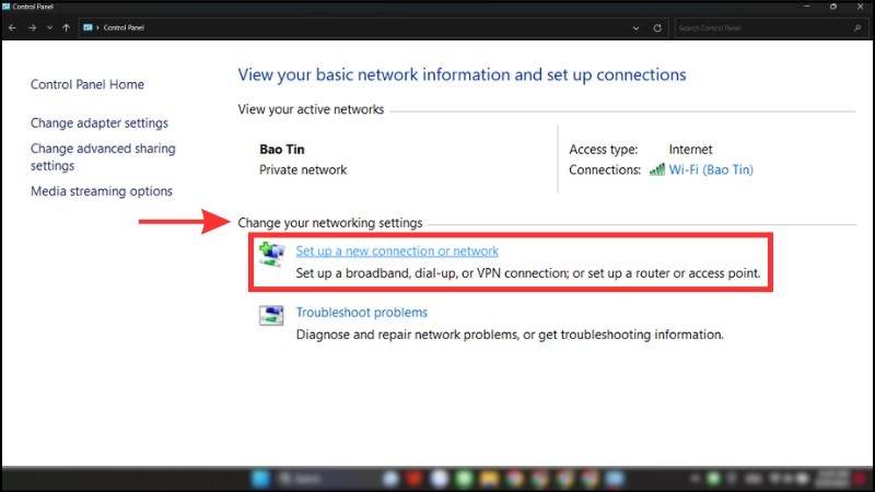 Click chọn Set up a new connection or network