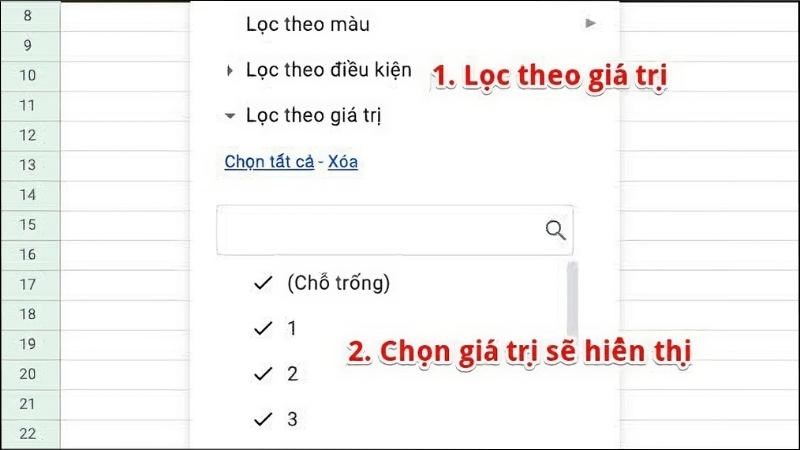 Chọn Lọc theo giá trị > Chọn giá trị mà bạn muốn lọc