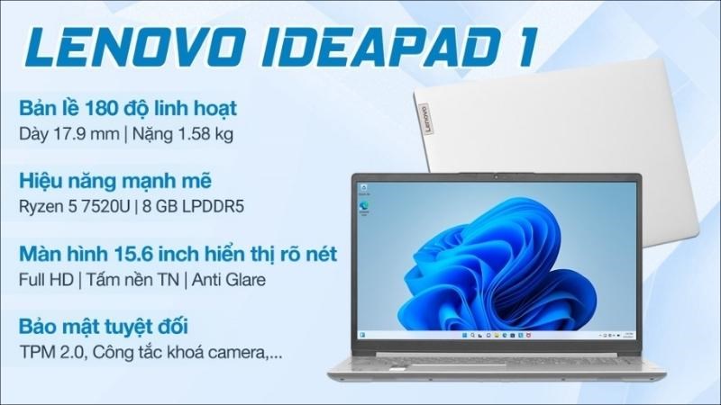 laptop Lenovo IdeaPad 1 15AMN7 R5 7520U (82VG0061VN) - Sở hữu vẻ ngoài vô cùng tối giản, với trọng lượng máy vô cùng nhẹ nhàng