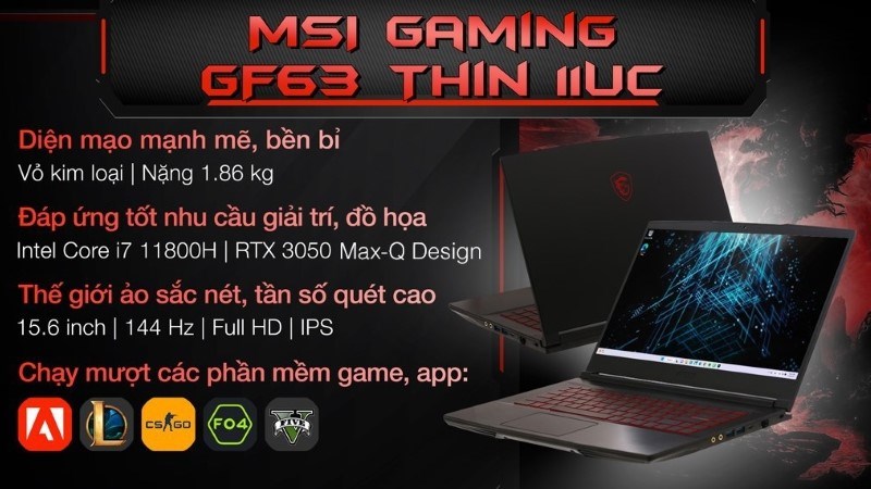 Laptop MSI Gaming GF63 Thin 11UC i7 11800H (1228VN) với tấm nền IPS cho hình ảnh sống động