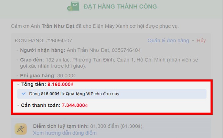 Thanh toán hóa đơn sau khi sử dụng điểm