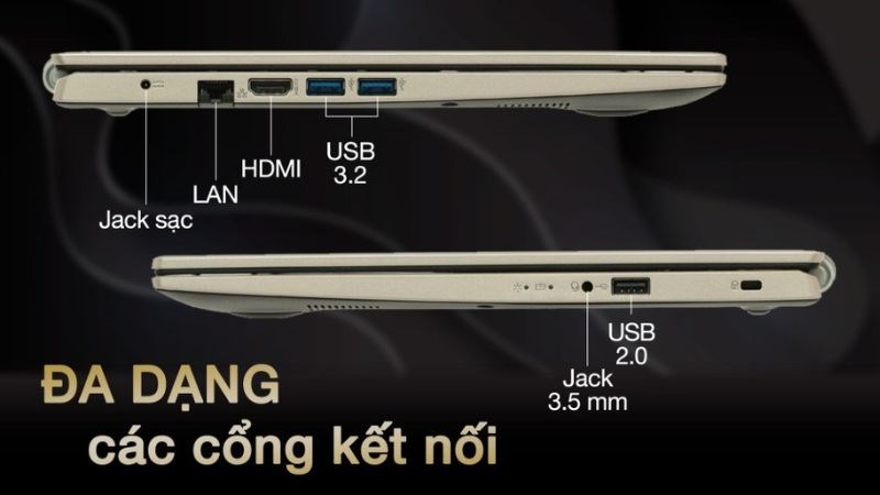 Acer Aspire 3 được trang bị đầy đủ các cổng giao tiếp hỗ trợ truyền dữ liệu dễ dàng