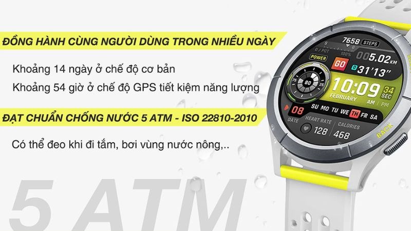 Tính năng chống nước 5ATM cho phép sử dụng trong bơi lội Tính năng chống nước 5ATM cho phép sử dụng trong bơi lội