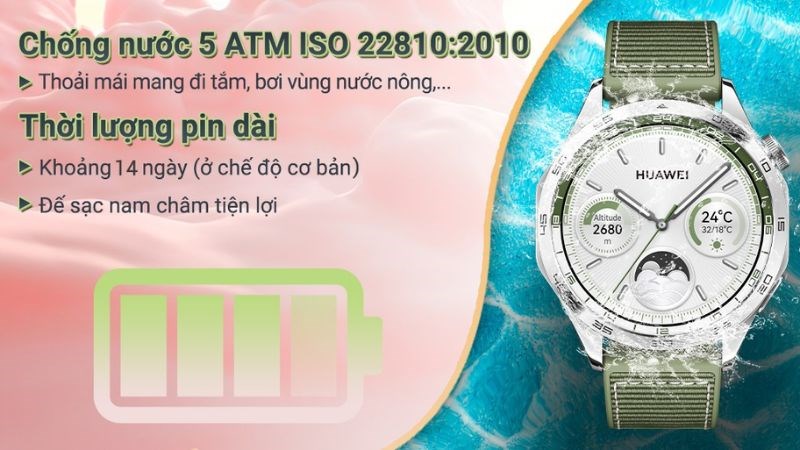 Tính năng chống nước 5ATM cho phép sử dụng trong các hoạt động dưới nước Tính năng chống nước 5ATM cho phép sử dụng trong các hoạt động dưới nước